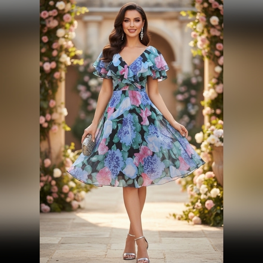 Vintage Floral Tulle Midi Dress Green Blue Pink Medium Large